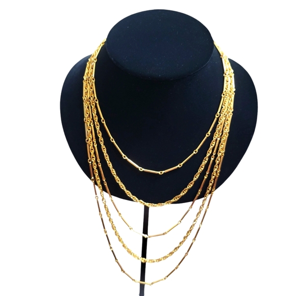 Vintage Alternating Bar and Chain Link Multi Strand Graduated Gold Tone Necklace